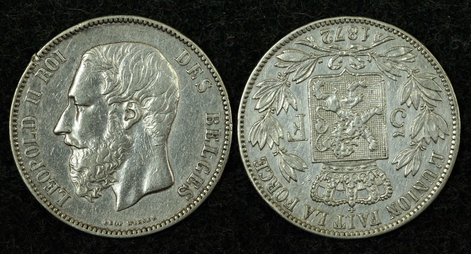 Бельгия, 5 франков 1872г.
