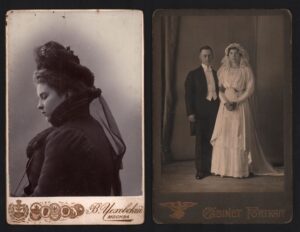 Постановочная фотография дамы в шляпе, сидящей вполоборота, и фотография торжественного бракосочетания пары.